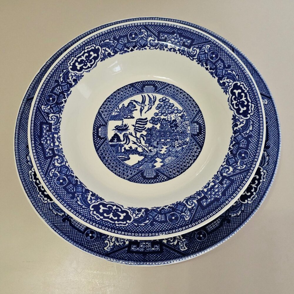Royal USA Blue Willow Dinner Plates Salad Bowl lot Ironstone transferware Chinoi - Picture 9 of 13
